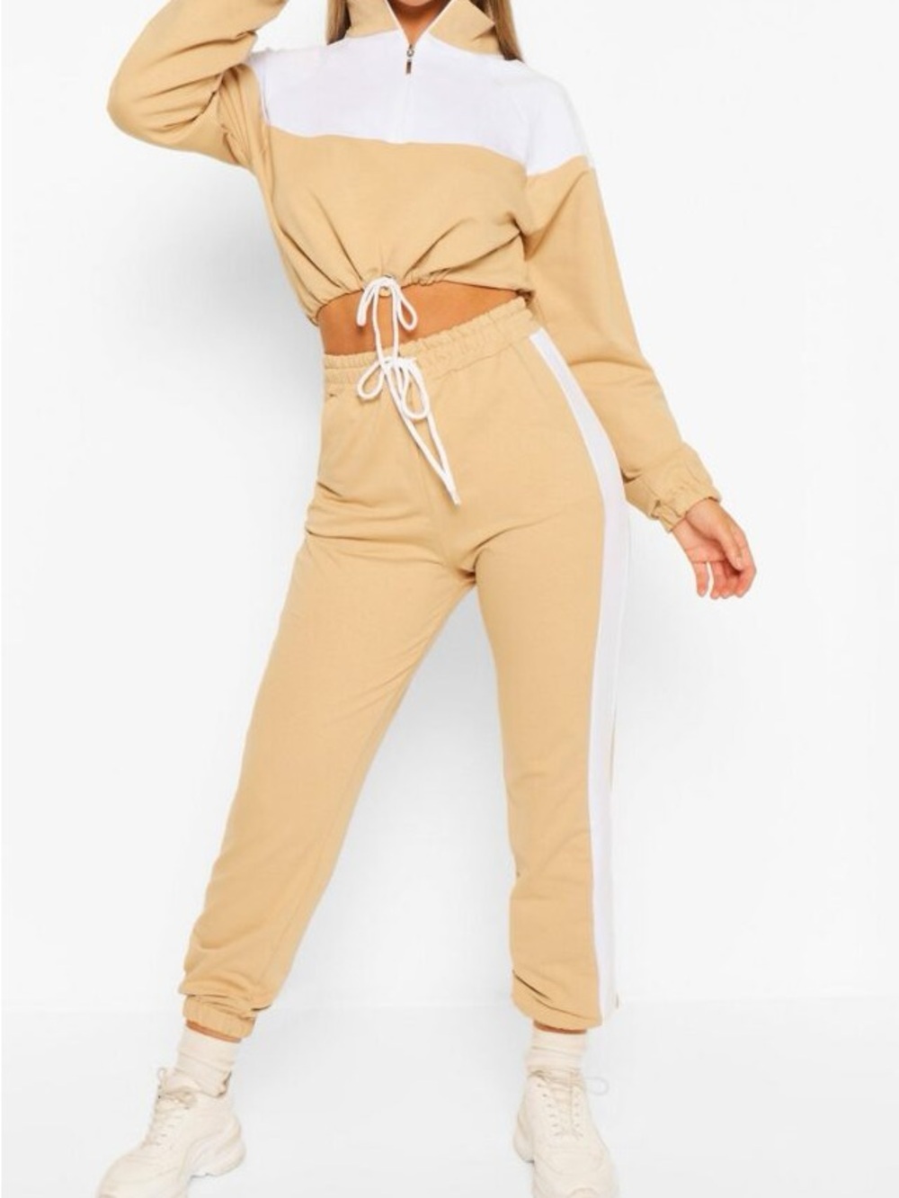 Nasty Gal Beige High-Waist Drawstring Joggers with Matching Quarter Zip